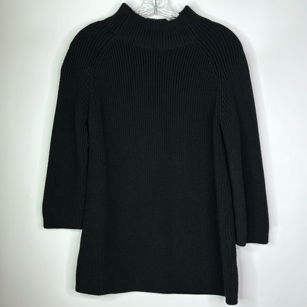 Pura Cashmere Black Supima Cotton Ribbed Neck 3/4 Sleeve Sweater Size Small